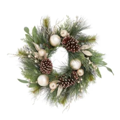 Natural Cone And Gold Bauble Christmas Wreath - 50cm