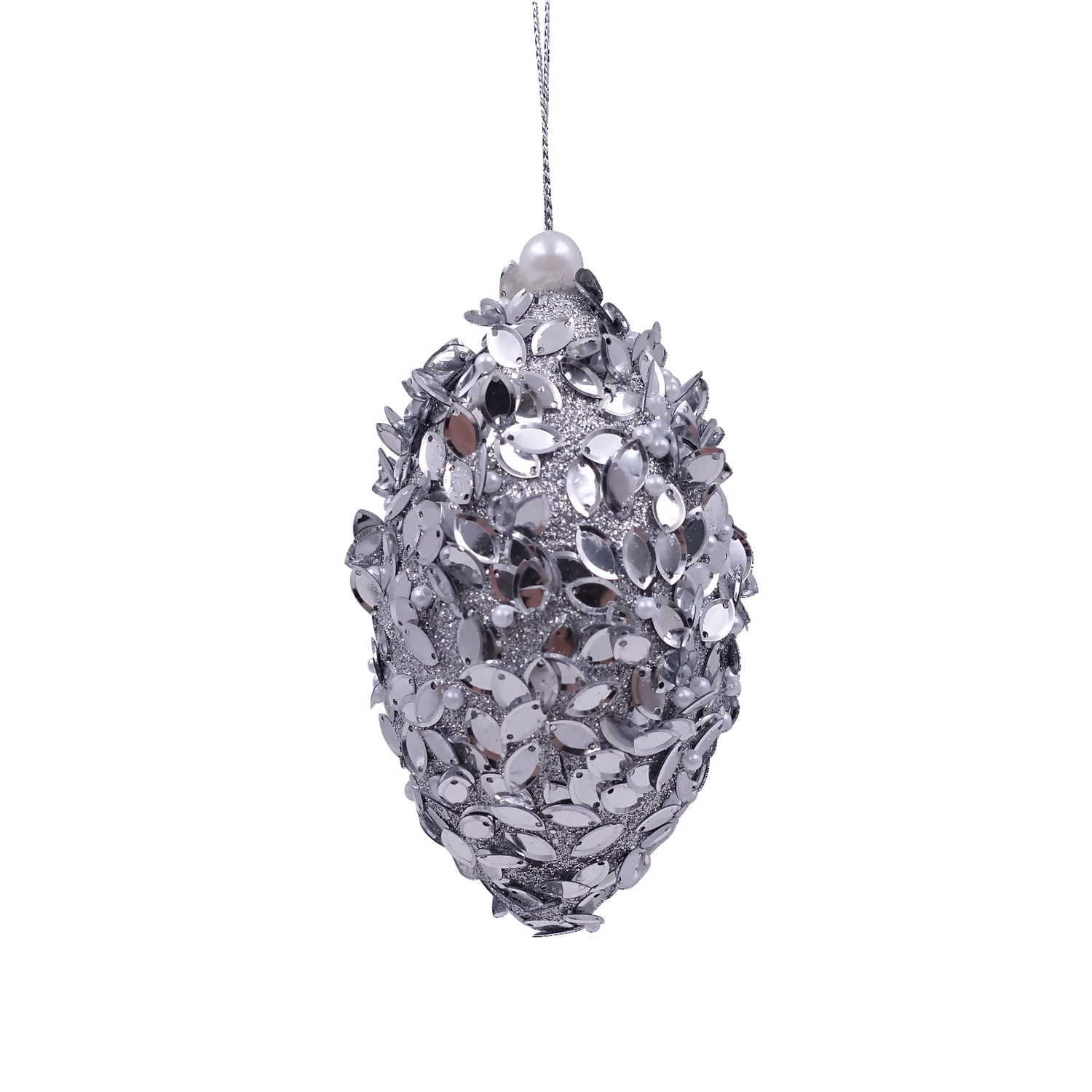 Silver Mirror Pearl Teardrop Christmas Tree Bauble - 80mm