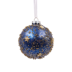 Navy & Gold Star Glass Christmas Tree Bauble - 90mm