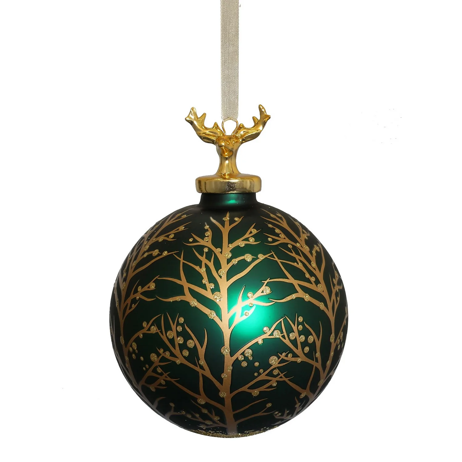 Green Forest Stag Glass Christmas Tree Bauble - 90mm